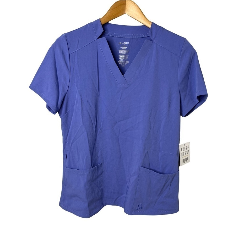 Jaanuu V Neck Notched Collar Short Sleeve Blue Scrub Shirt Size Small
